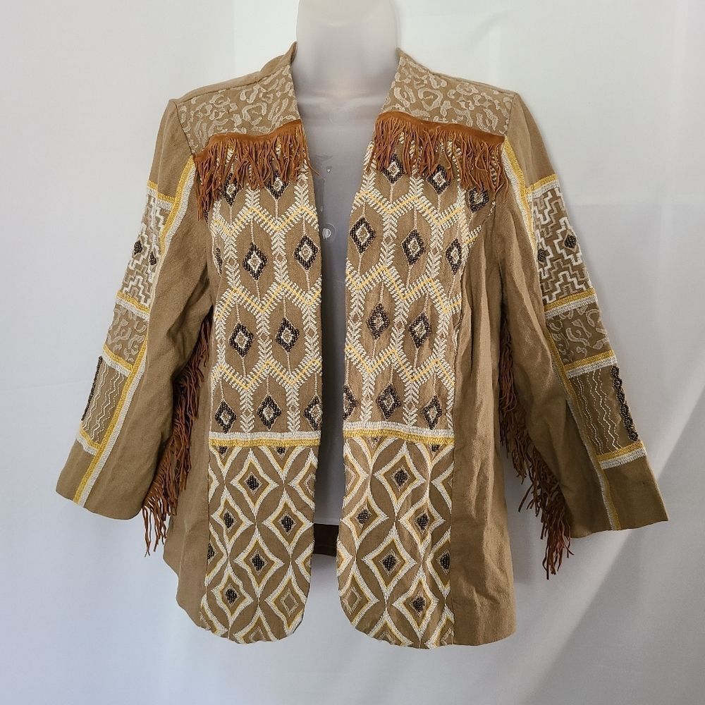 Chicos Buttered Rum Diamond Artisan Beaded Boho Fringed Linen Blend Jacket sz S